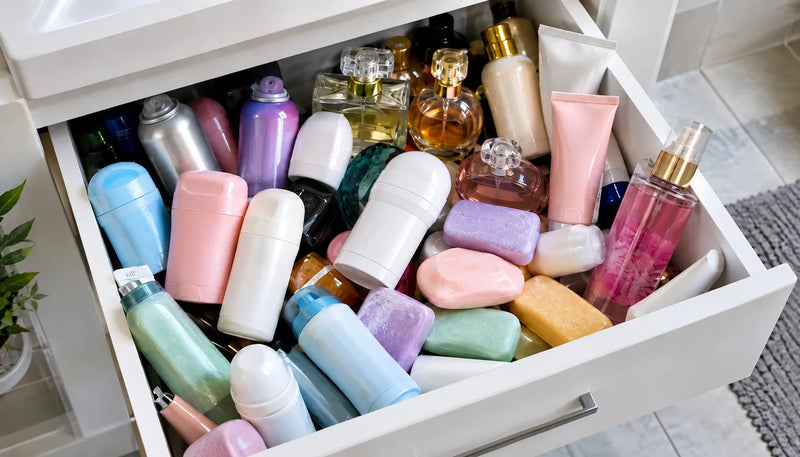 A bathroom drawer full of soaps, sprays and deodorants