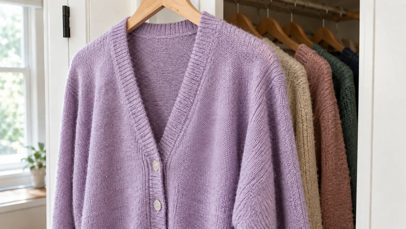 A lavender cardigan on a hanger