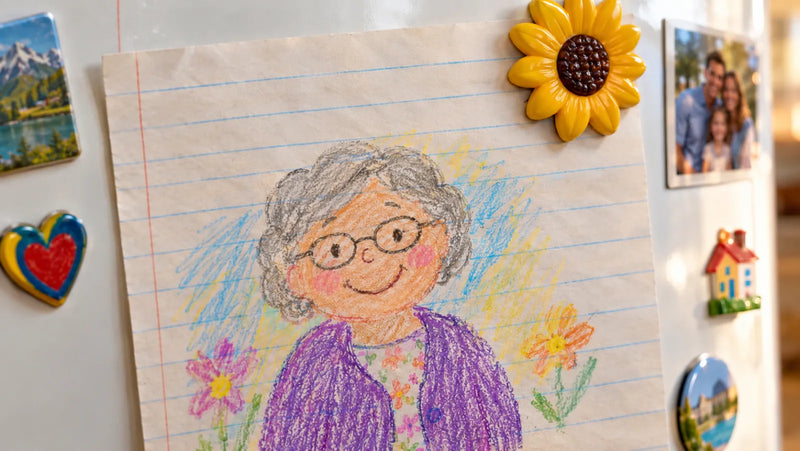 A child's crayon drawing of her grandmother on the fridge