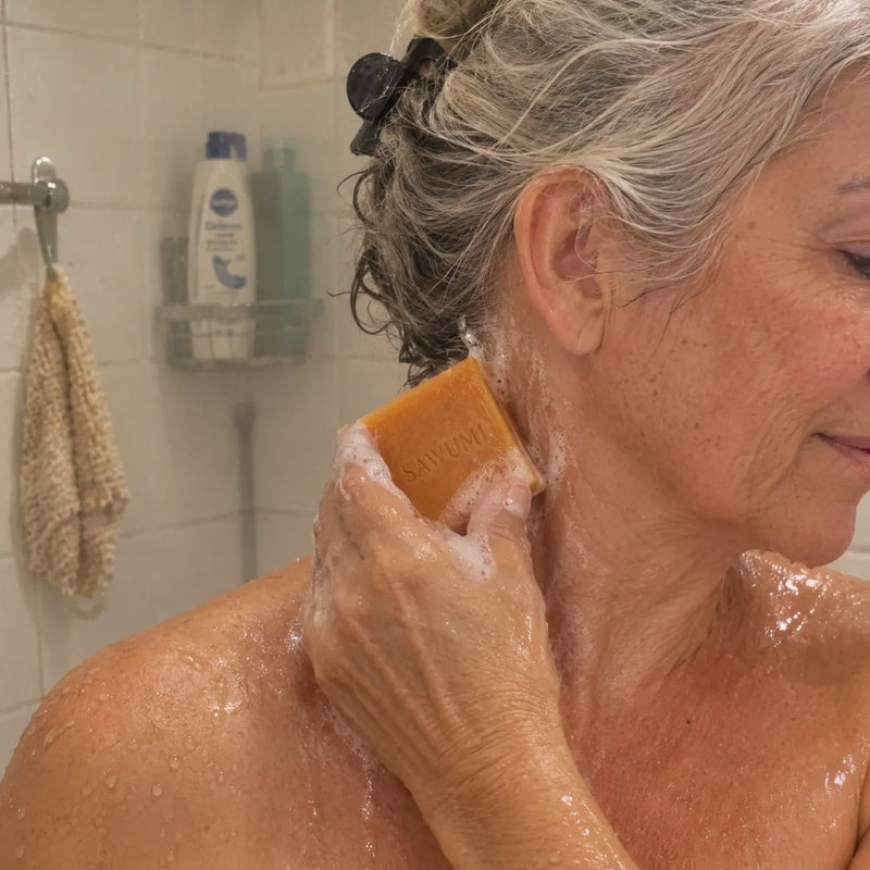A woman lathering an orange persimmon soap bar on her neck