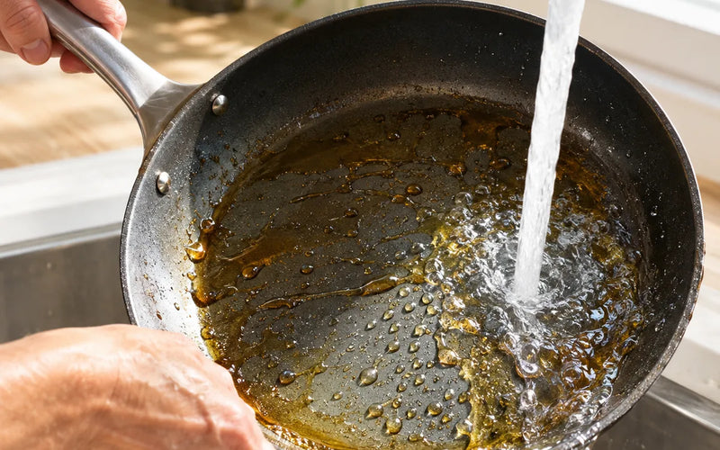 Water running off a greasy frying pan while the grease stays