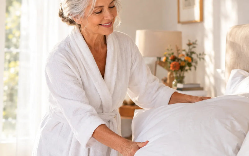 A woman in her sixties fluffing a fresh white pillow on a made bed