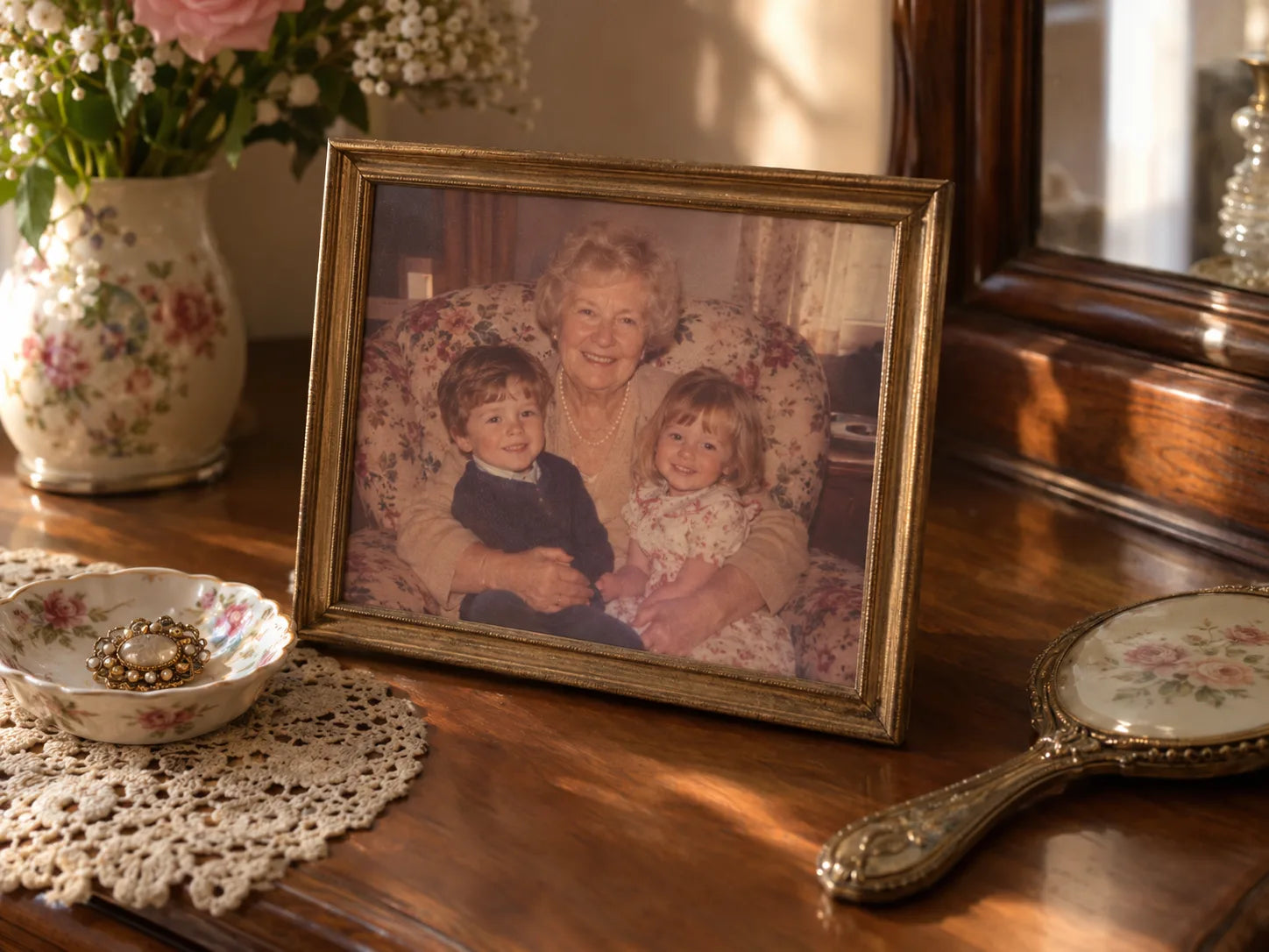 An old family photo of a grandmother with two grandchildren on a dresser