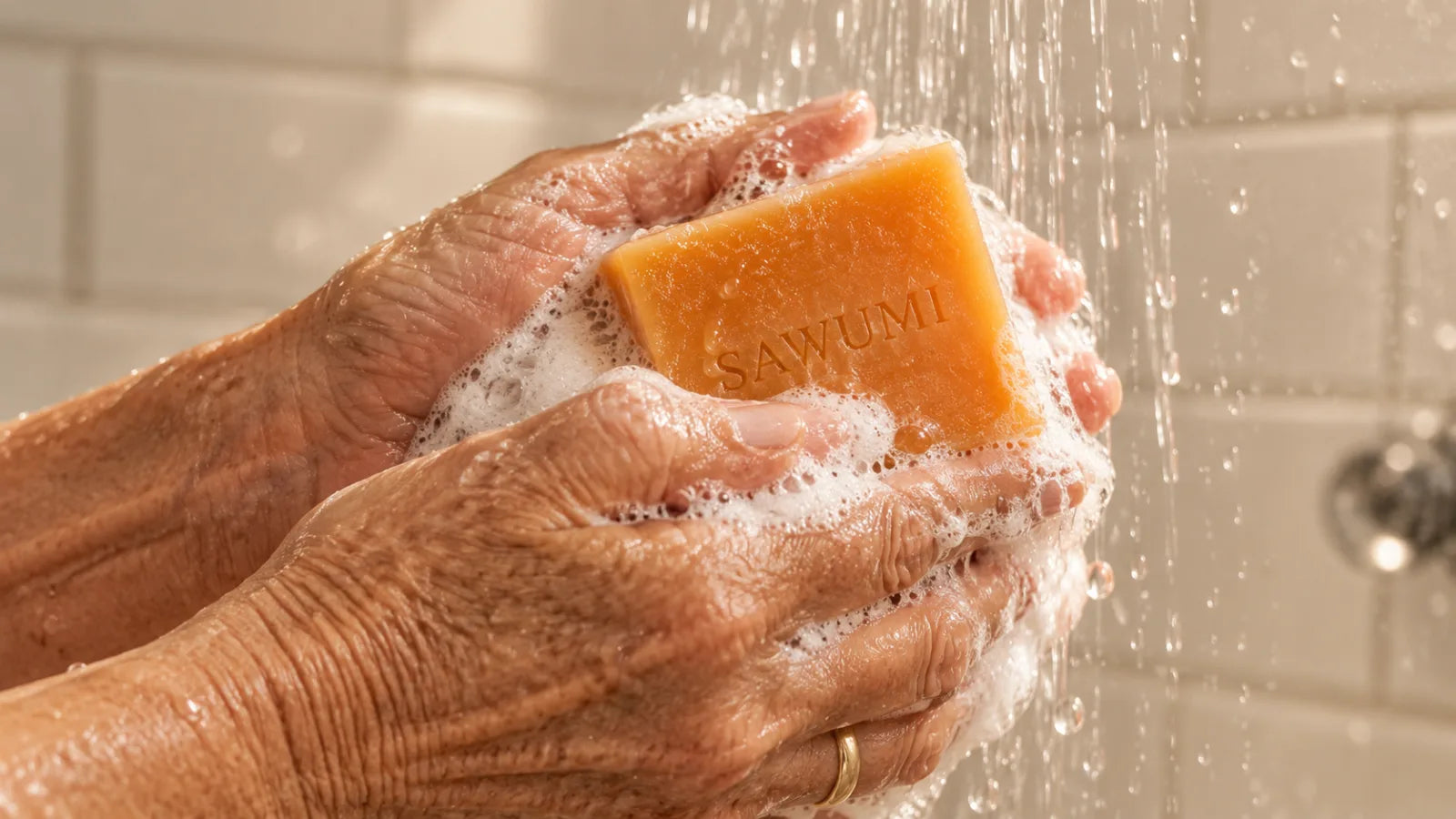 Older hands lathering an orange SAWUMI bar in the shower