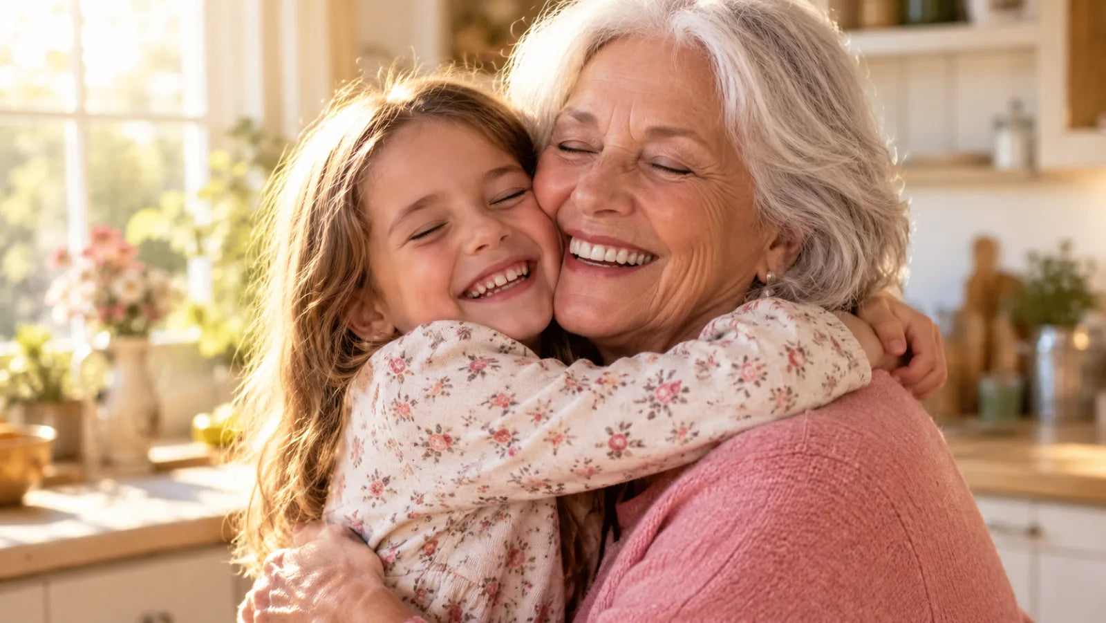 A grandmother and her granddaughter hugging and laughing