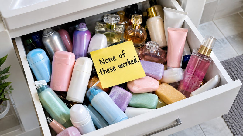 A drawer full of soaps, sprays and deodorants with a note that says none of these worked