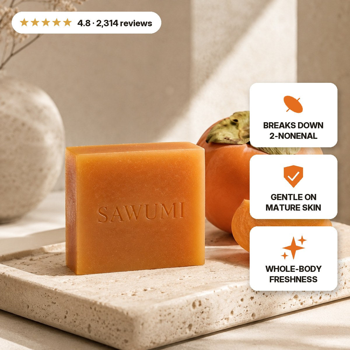 SAWUMI persimmon soap with reviews and guarantee badges
