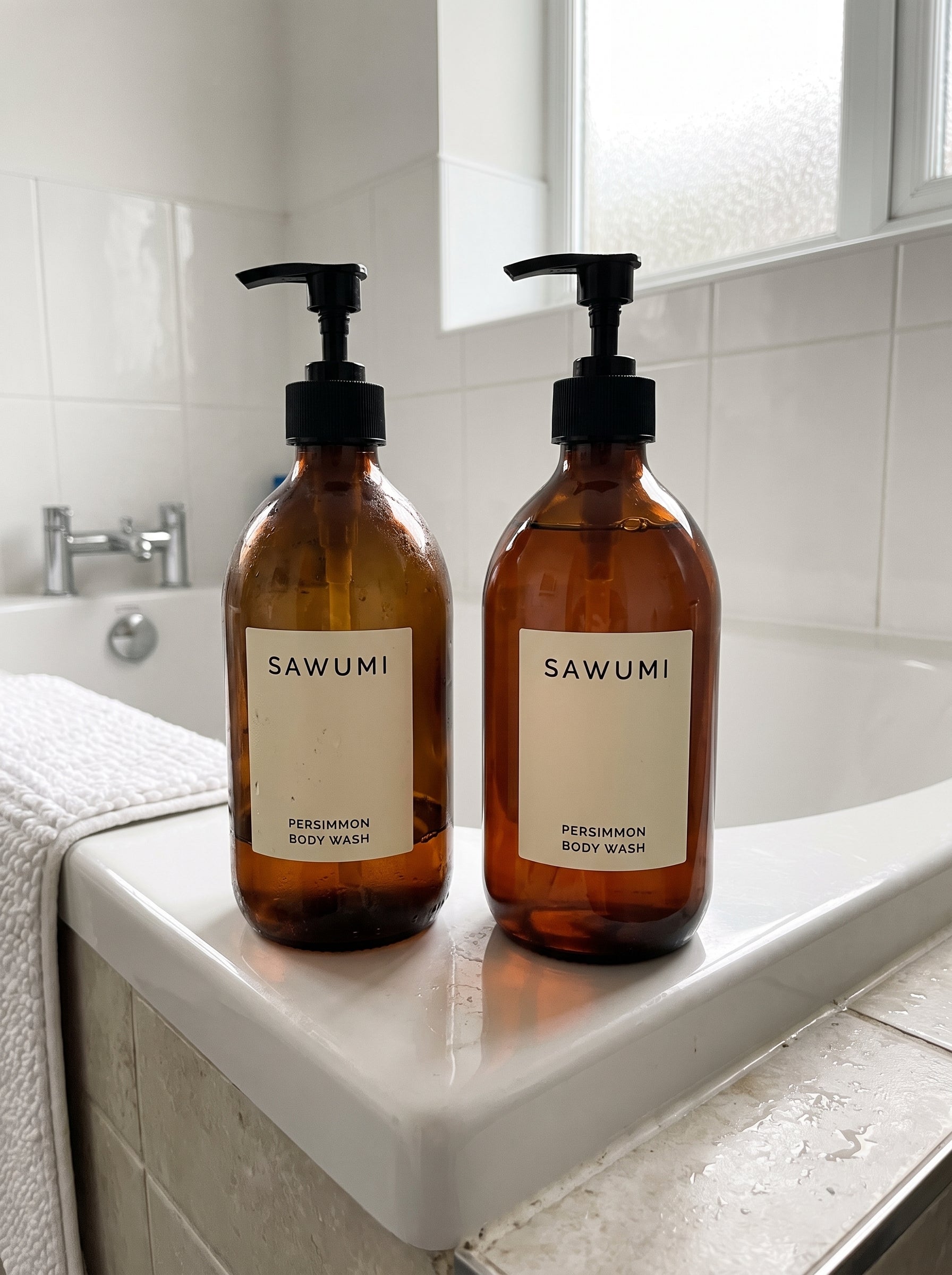 Couple at their bathroom counter with SAWUMI body wash
