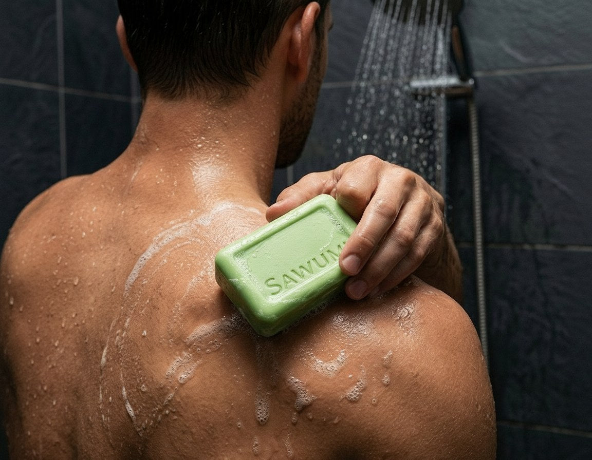 Man using the Sawumi antifungal bar in the shower