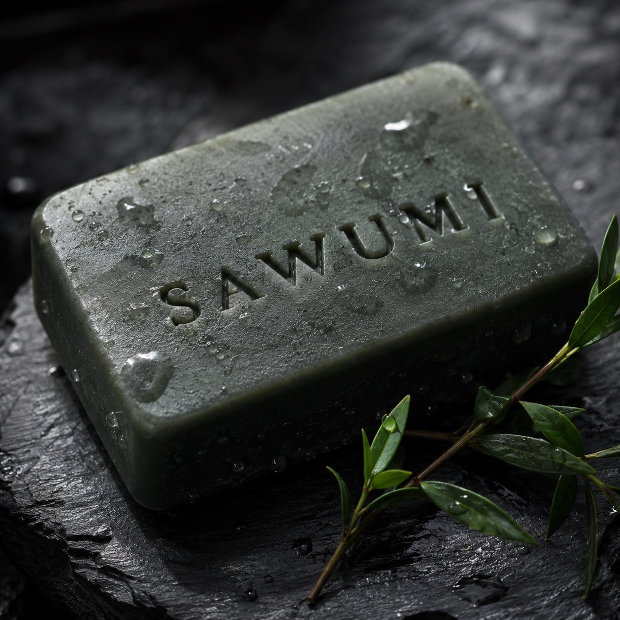 The SAWUMI Active Defence Bar on wet slate with water droplets