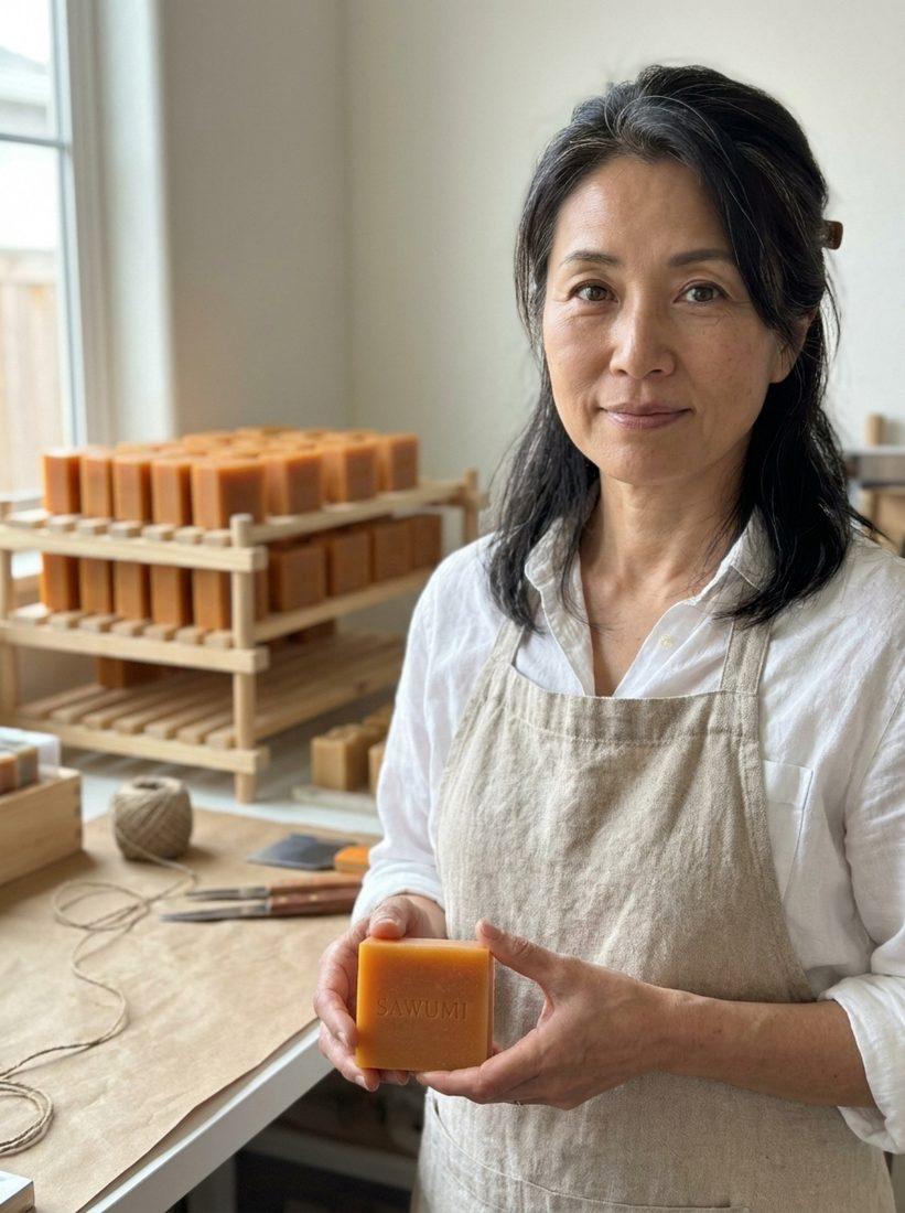 Keiko Tanaka in the SAWUMI workshop with drying racks of persimmon soap