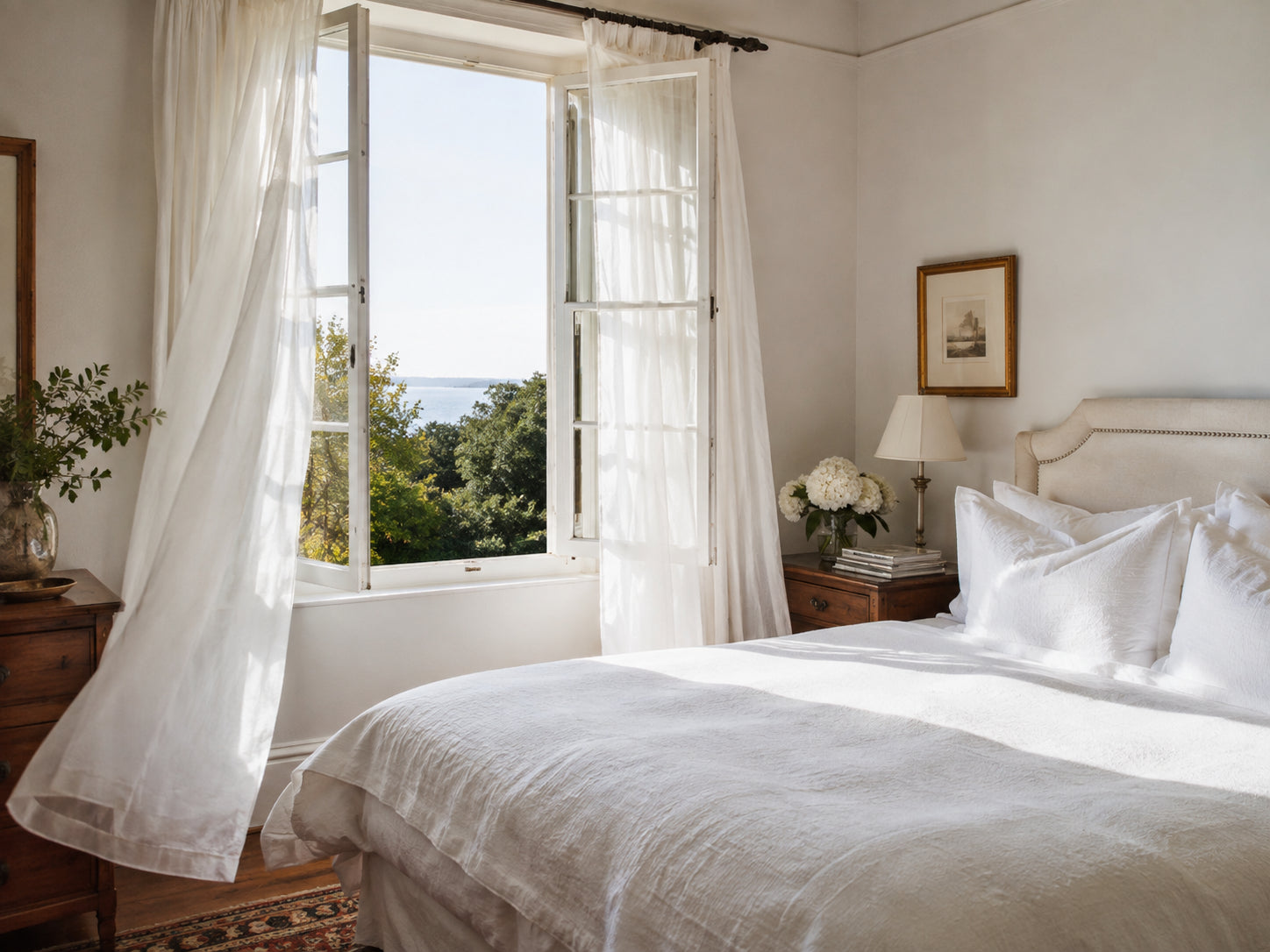 Fresh white bedding by an open window in morning light