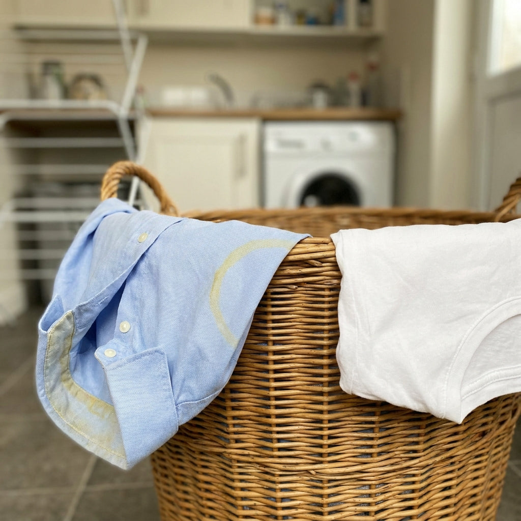 Shirts with yellowed collar rings on a laundry basket