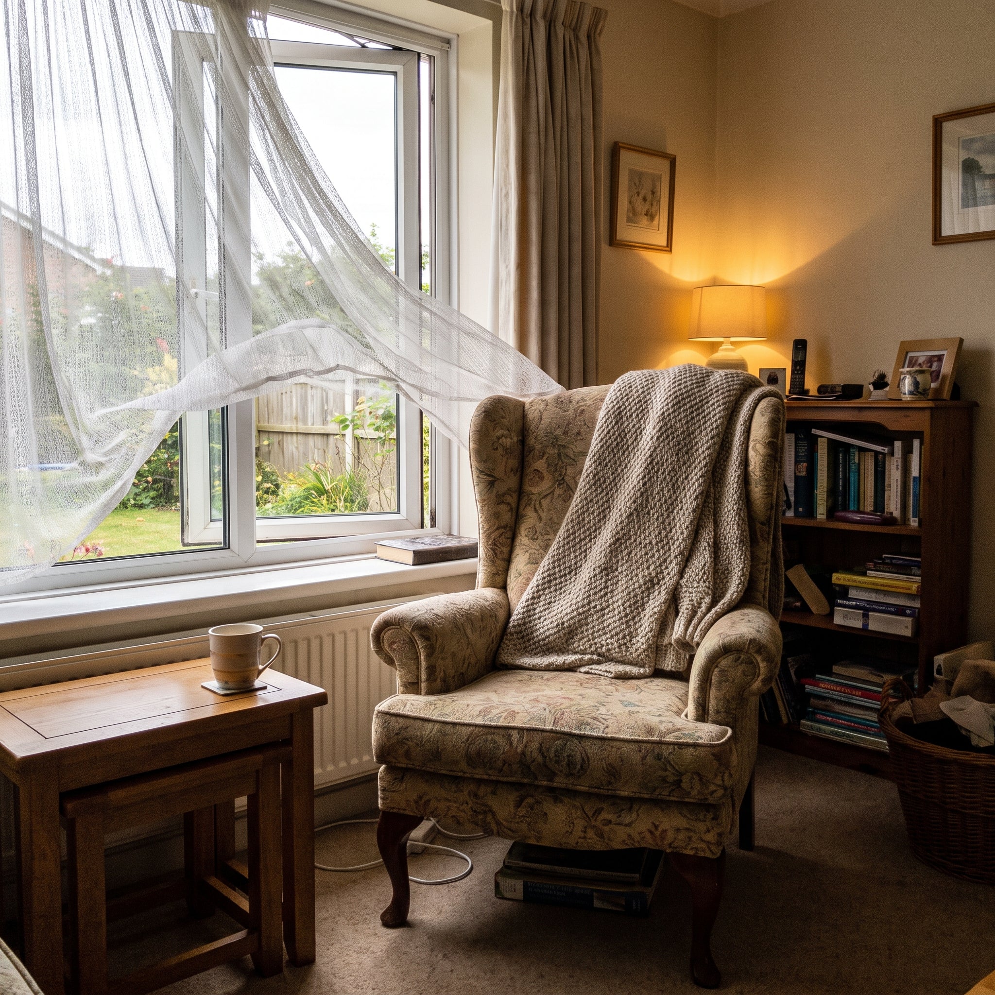 An armchair beside a window left open on a cool day