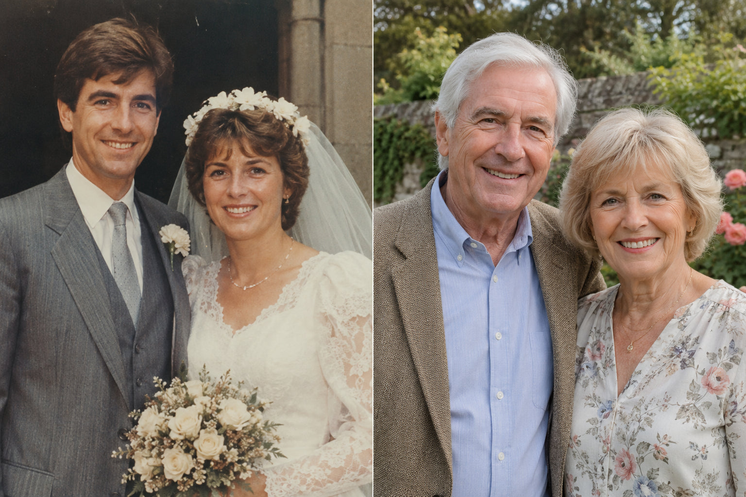 Susan and Alan on their wedding day in 1985 and together today