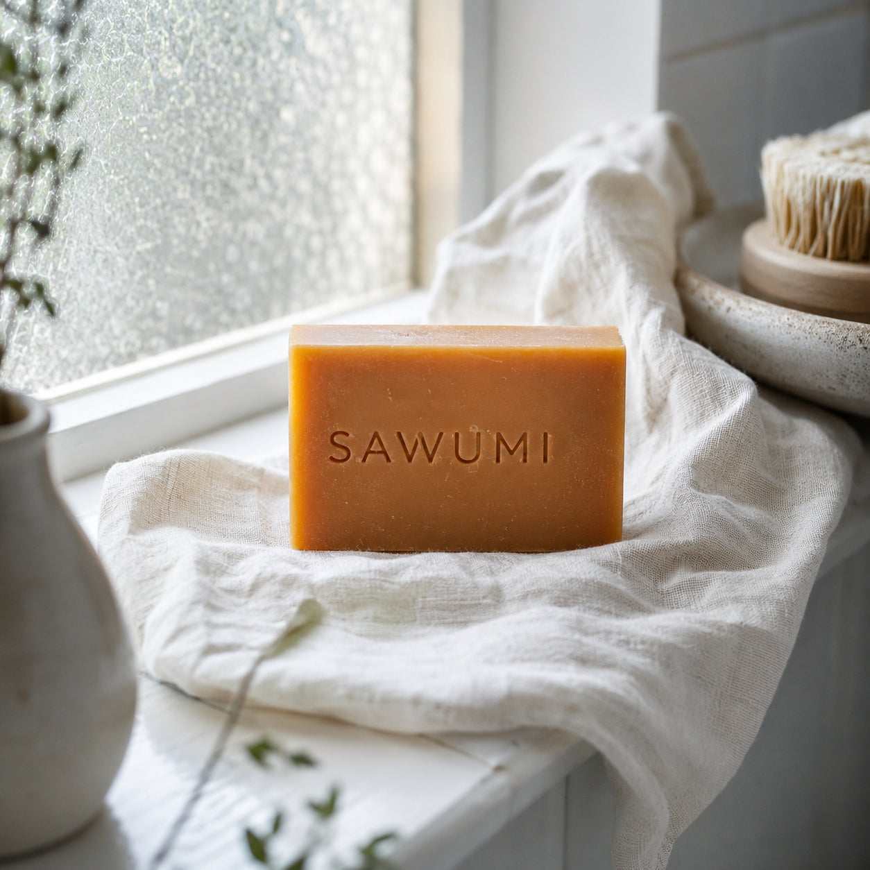 The SAWUMI persimmon soap bar on a linen cloth on a bathroom windowsill