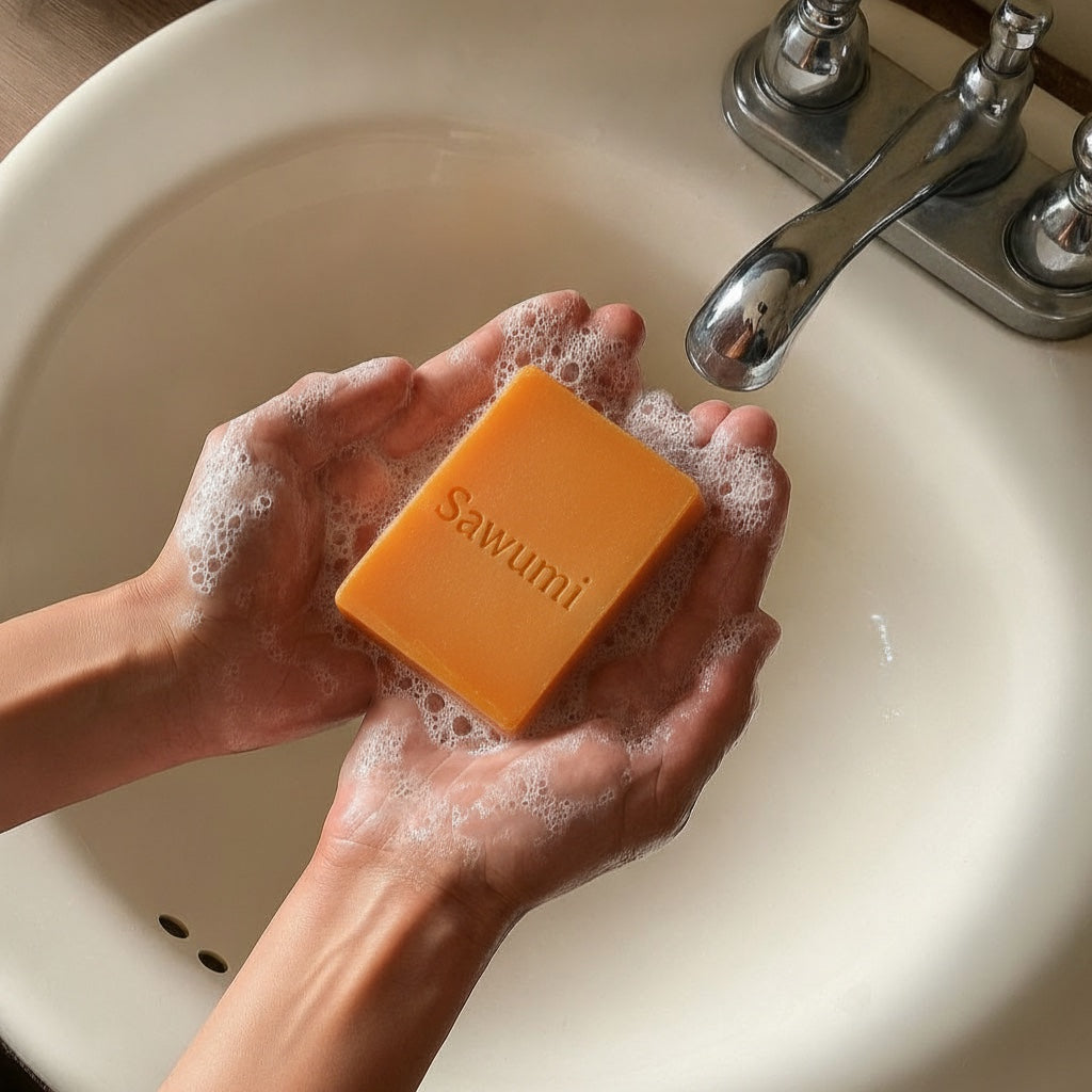 Lathering the persimmon bar in the shower