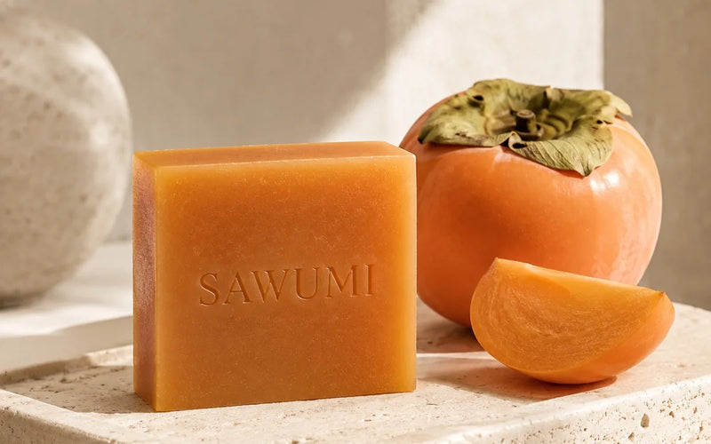 The SAWUMI persimmon soap bar next to a fresh persimmon