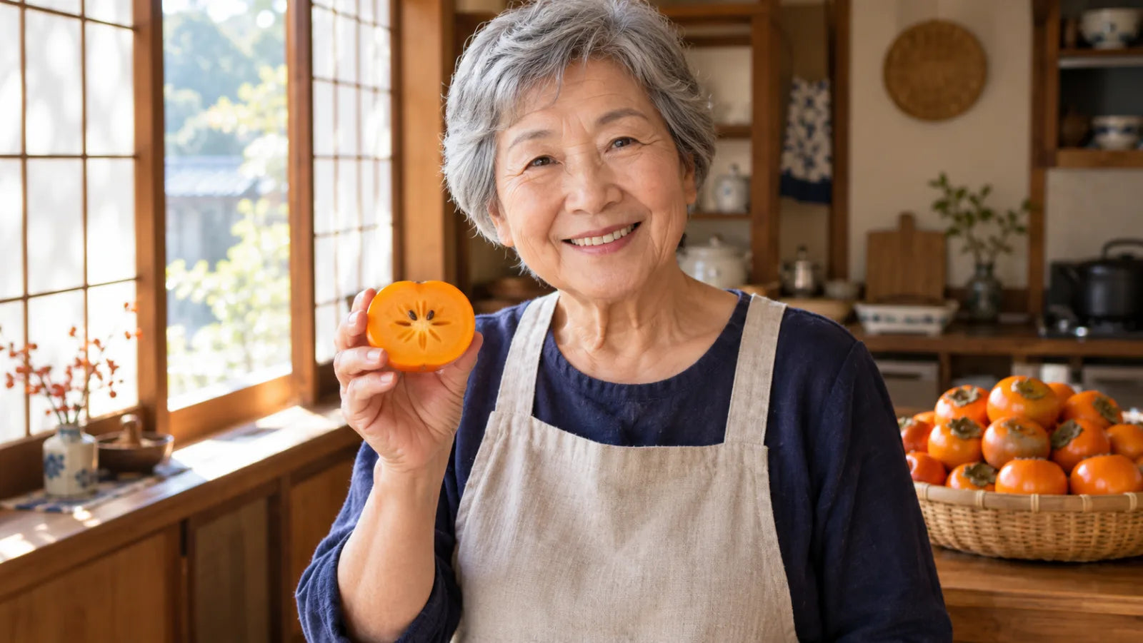 A smiling Japanese grandmother holding half a persimmon in her kitchen