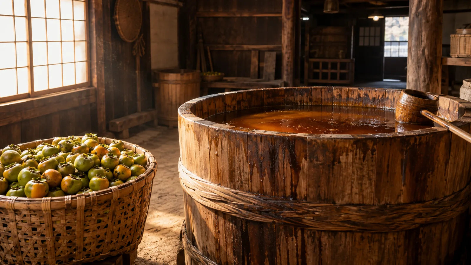 Unripe persimmons and a wooden vat of fermenting persimmon juice in Japan