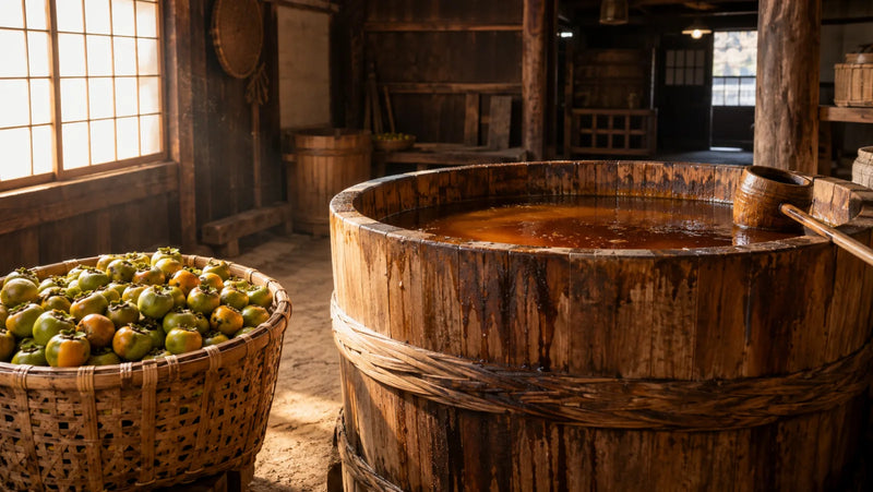 Unripe persimmons and a wooden vat of fermenting persimmon juice in Japan