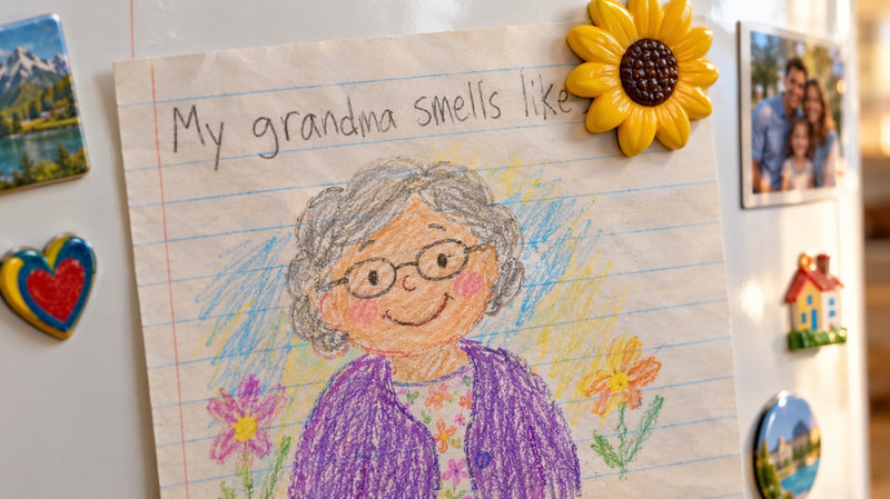 A child's drawing on the fridge that says My grandma smells like