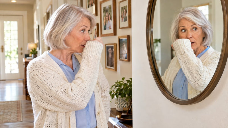A woman in her sixties checking the smell of her own sleeve in a hallway mirror