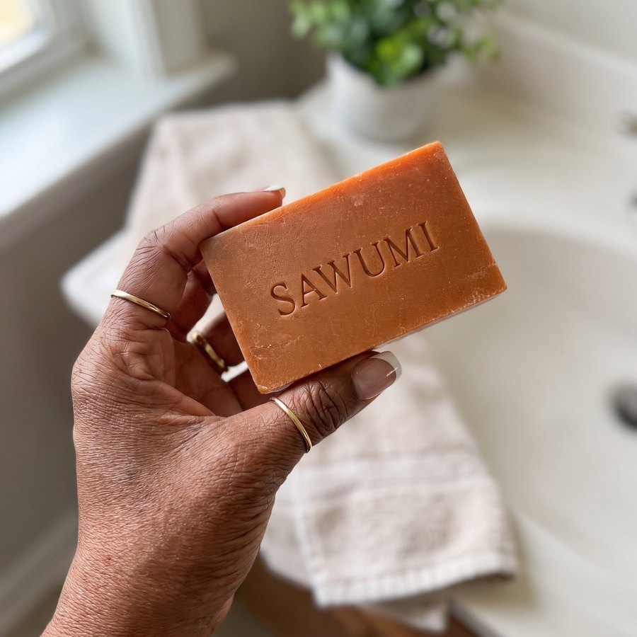 Holding the persimmon bar at the bathroom sink