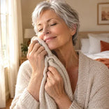 A woman in her 60s holding her soft cardigan to her face