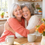 Two women in their 60s laughing in a close hug