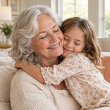 A grandmother hugging her granddaughter close