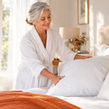 A woman in her 60s fluffing a fresh white pillow
