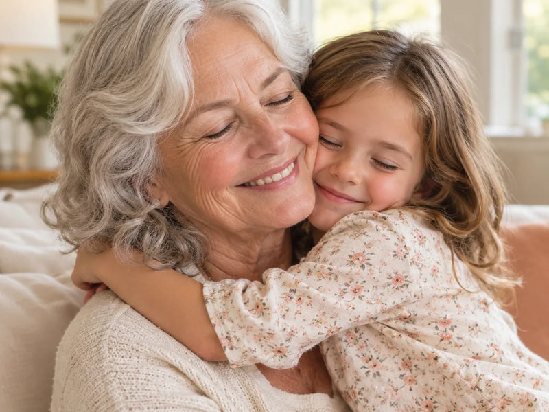 A grandmother hugging her granddaughter close