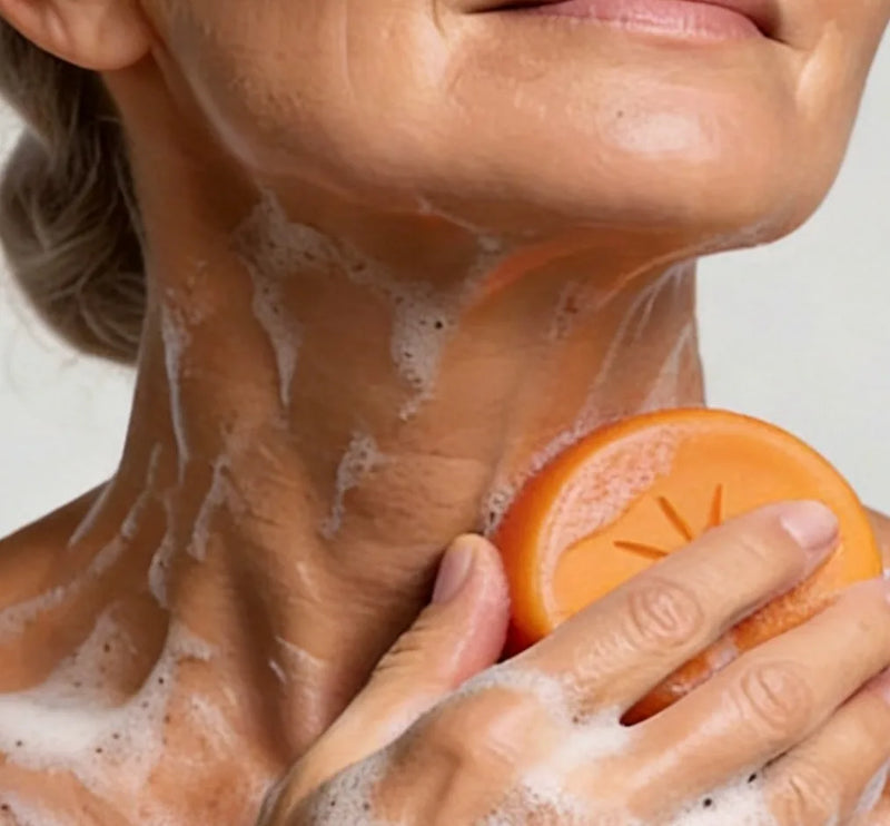 A woman in her 60s lathering SAWUMI on her neck