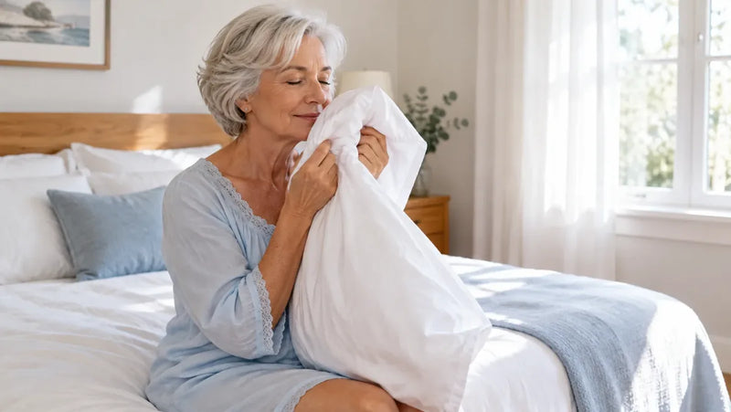 A woman checking the smell of her pillowcase