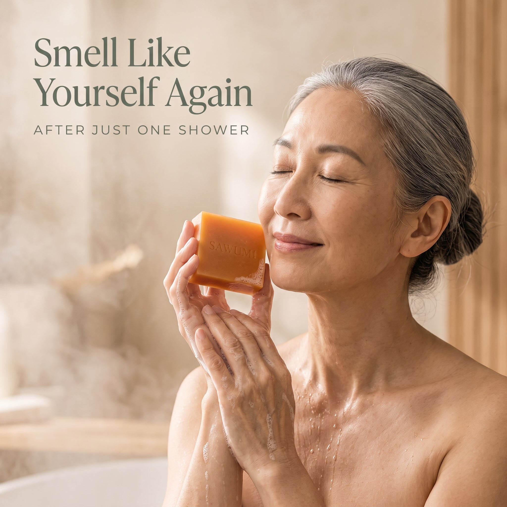 Woman in her sixties in the shower holding her amber Sawumi persimmon soap bar