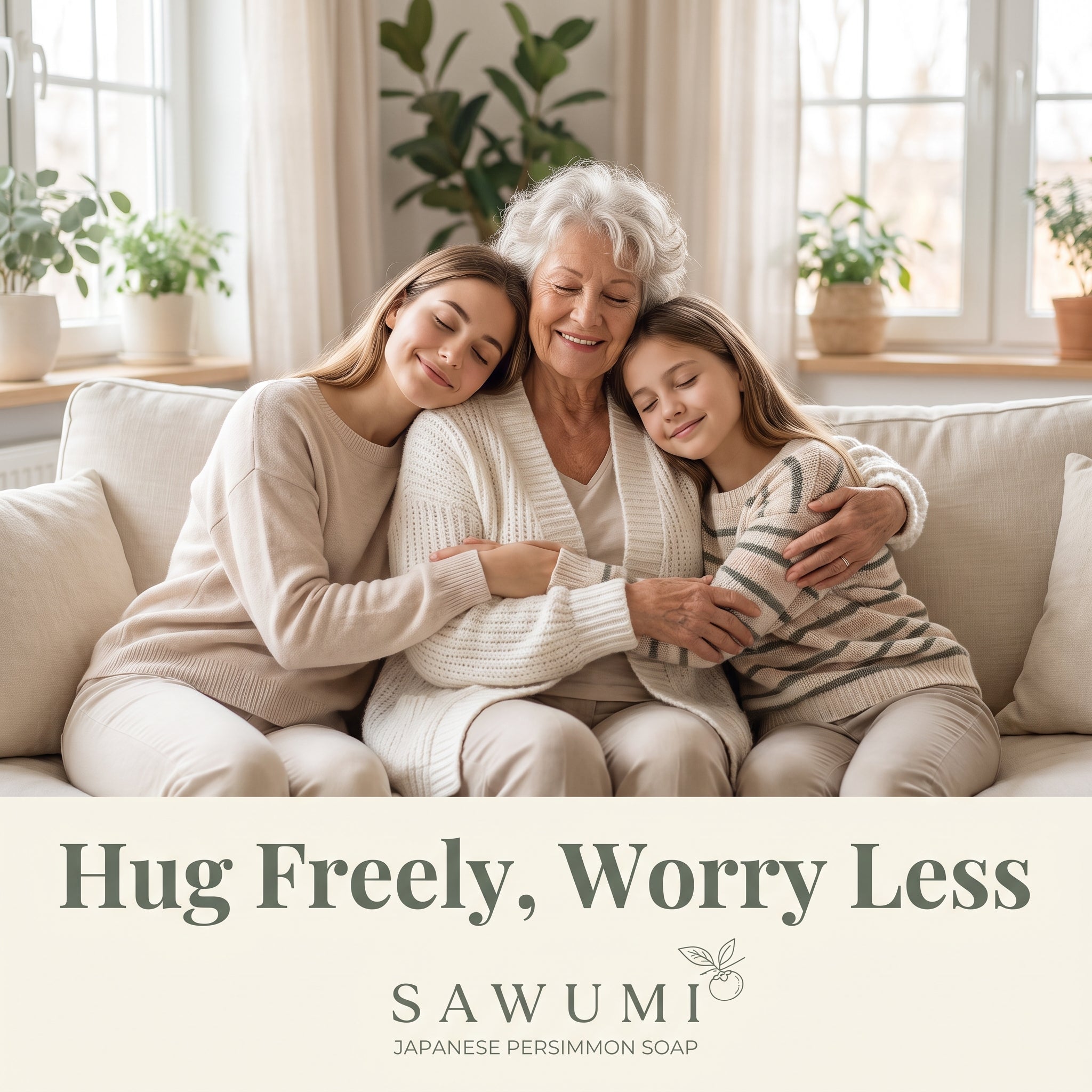 Grandmother hugging her two granddaughters on the sofa, hug freely worry less