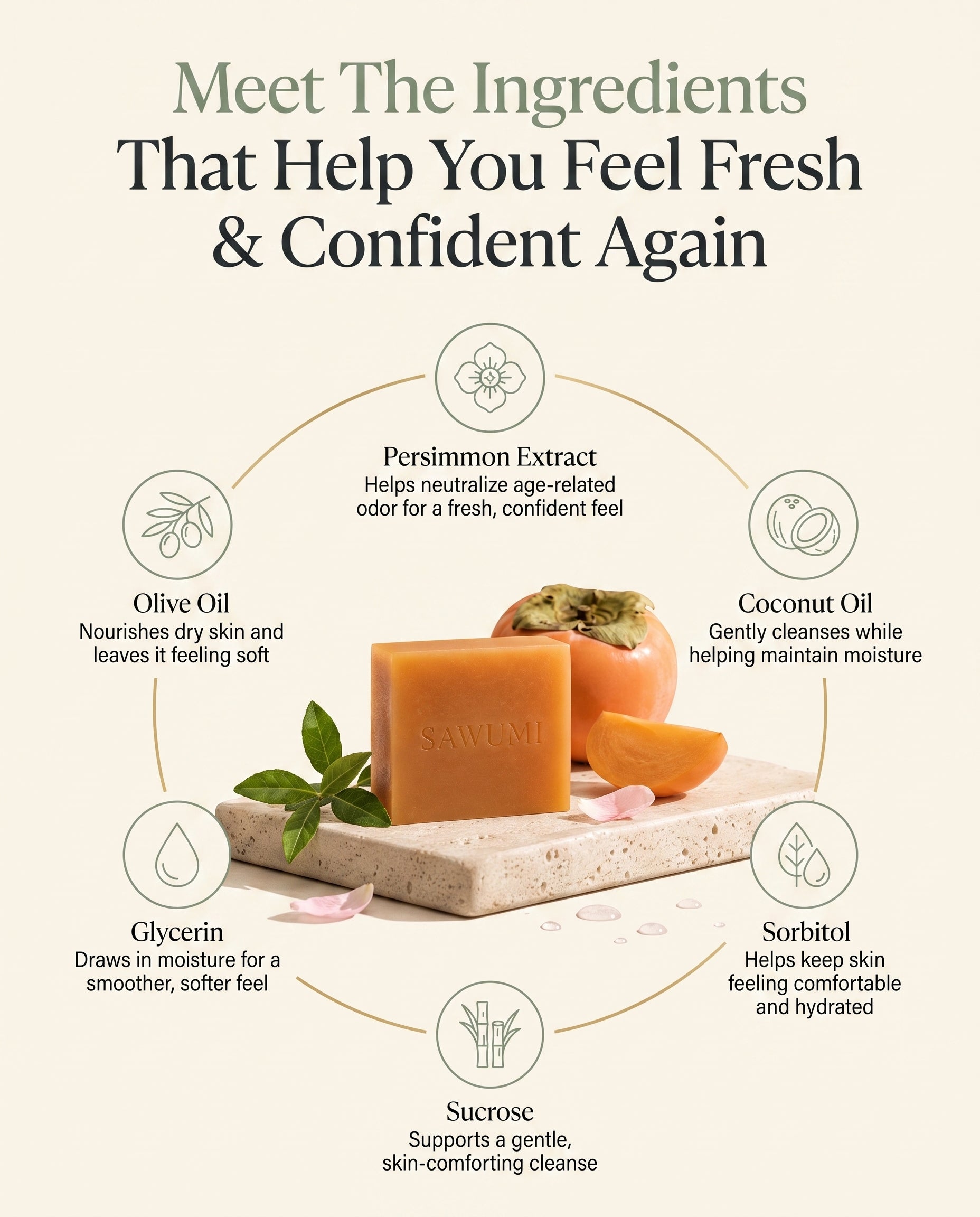 SAWUMI ingredients: fermented persimmon, green tea, collagen, coconut oil