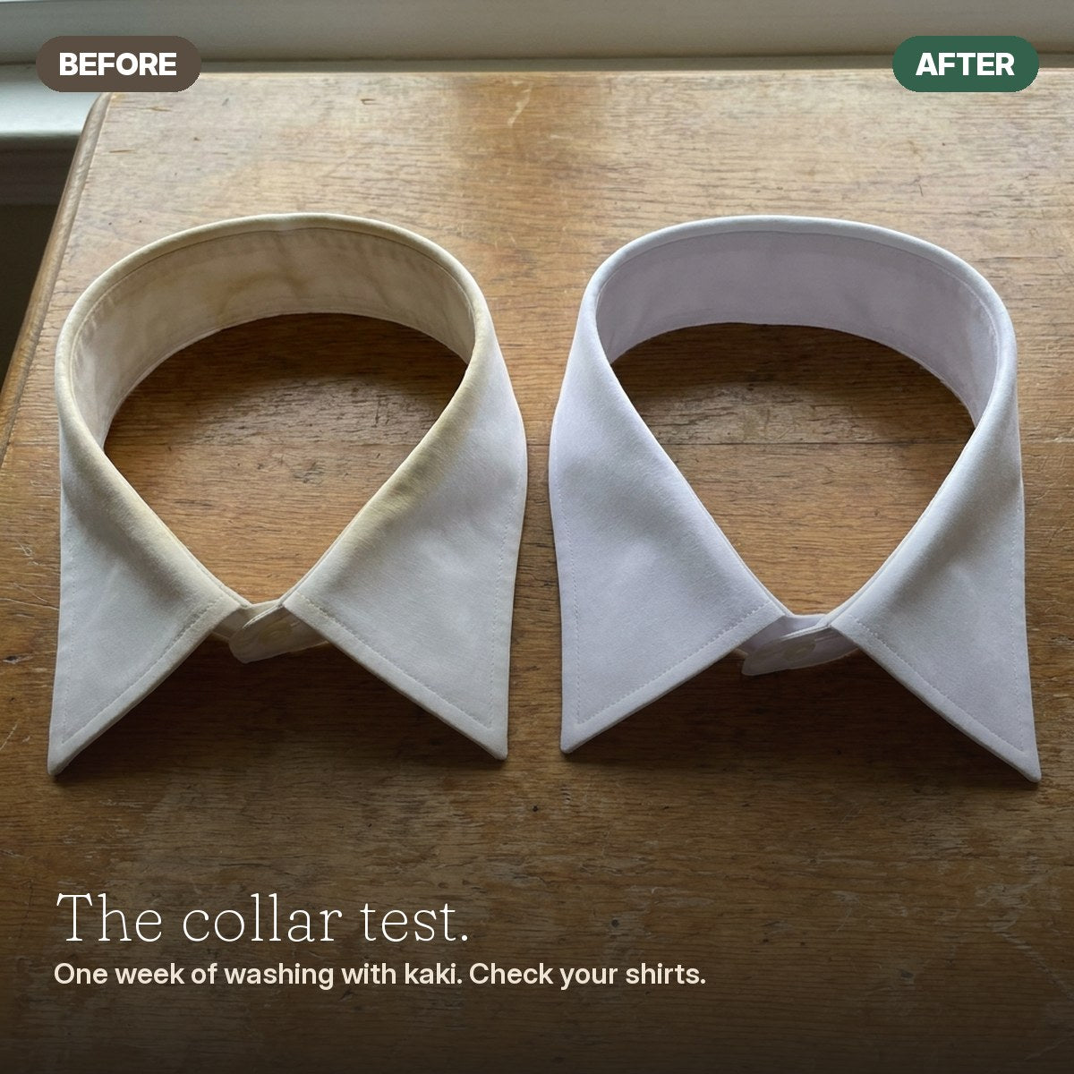 Shirt collar before and after one week of kaki washing