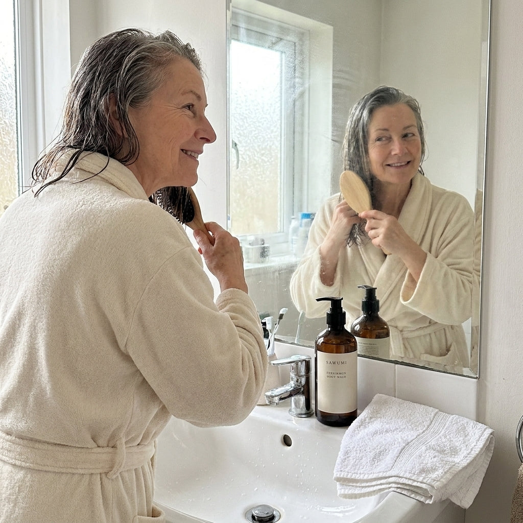 Janet holding her Sawumi persimmon body wash