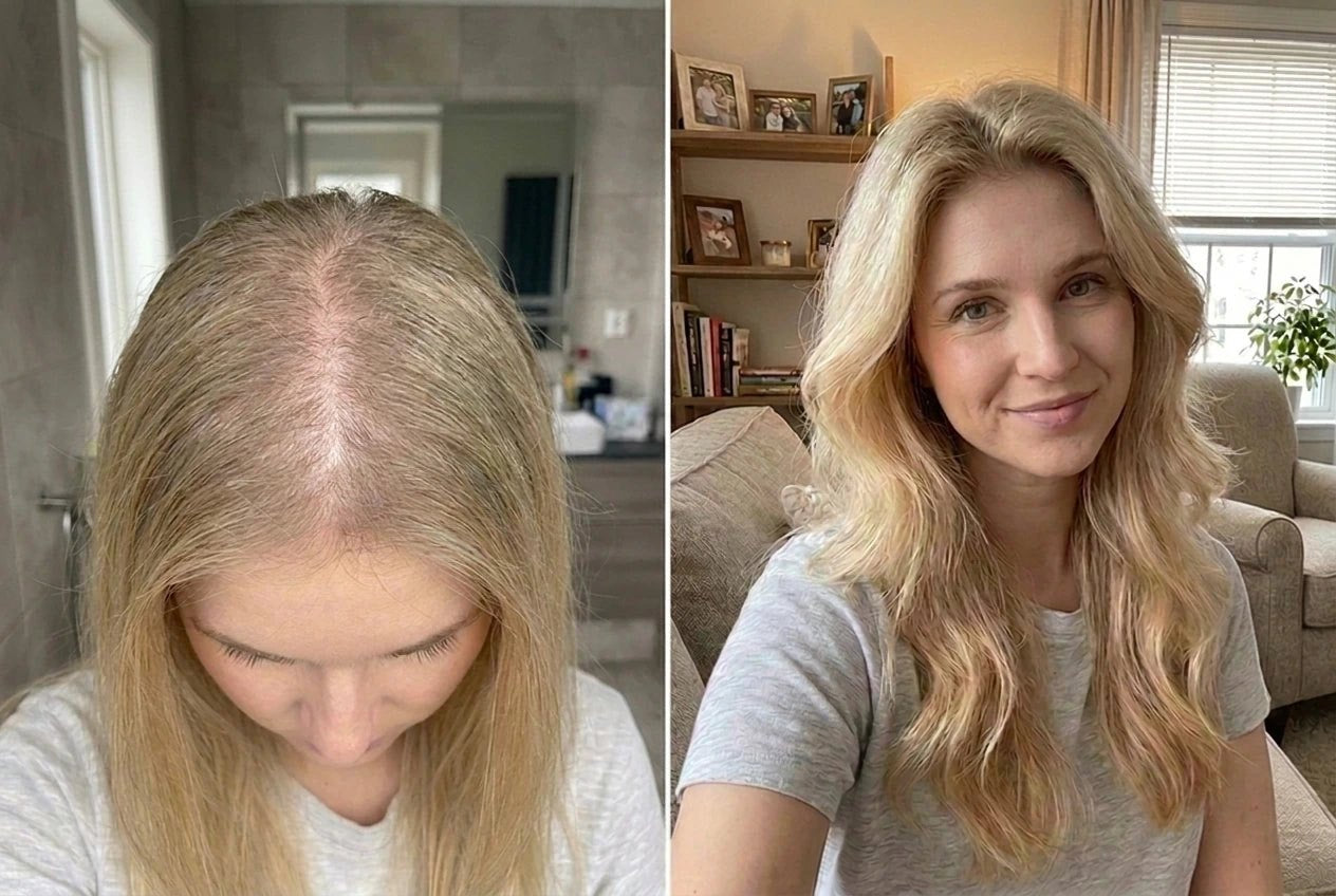 Before and after: wider part to fuller hair
