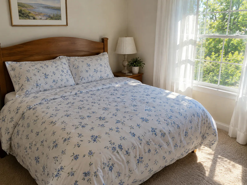 A bright, tidy guest bedroom with fresh floral bedding