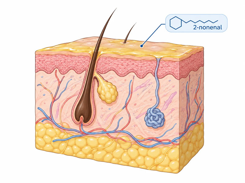 Illustration of a skin cross-section with an oily film labeled 2-nonenal on the surface