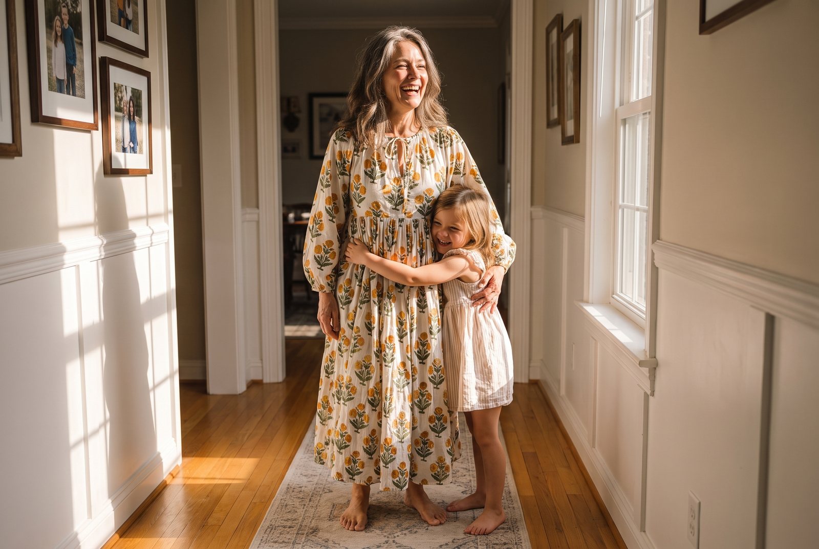 A woman in a House of Sundar printed midi dress with her granddaughter holding on to her