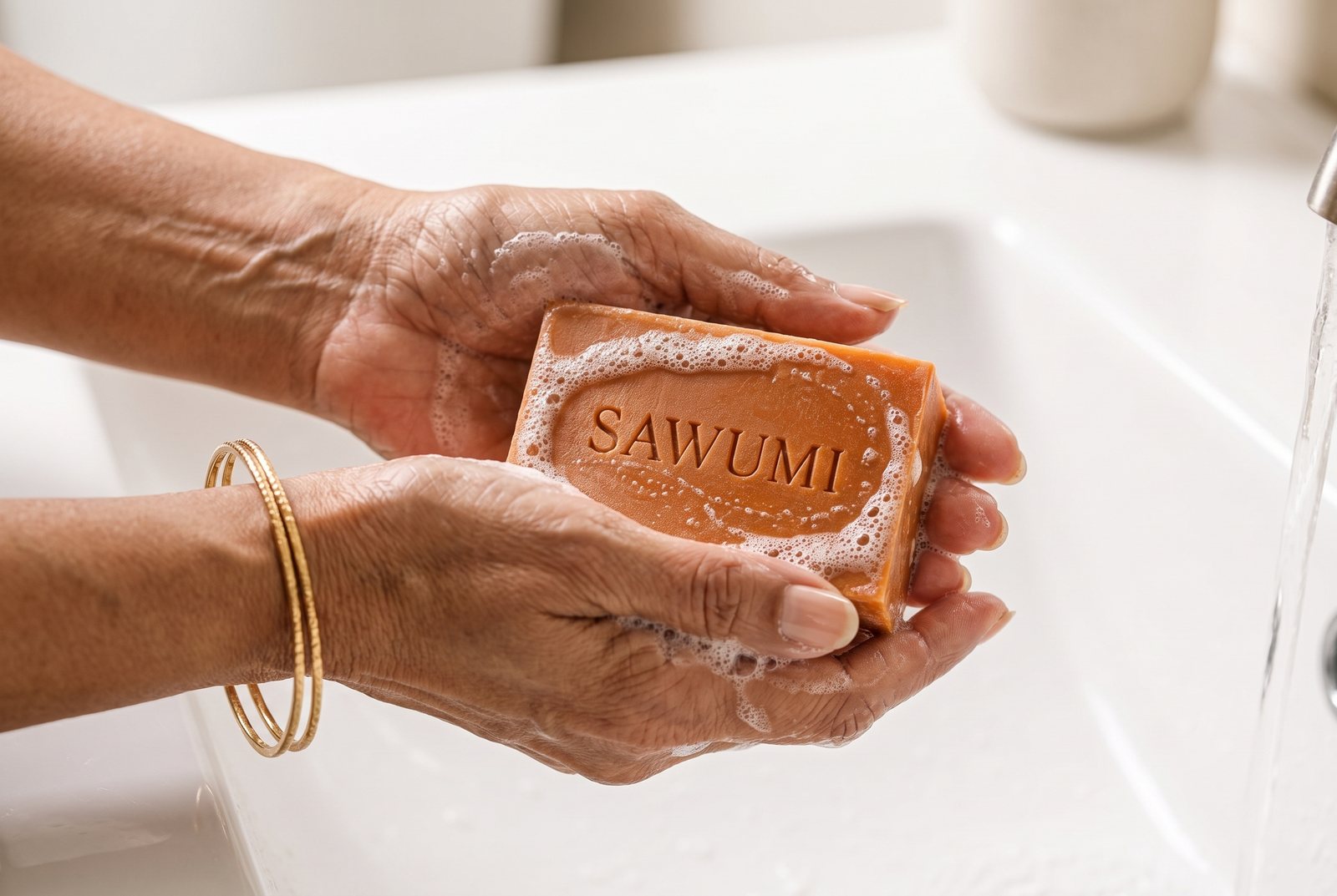 Hands lathering the SAWUMI persimmon bar at a bathroom sink