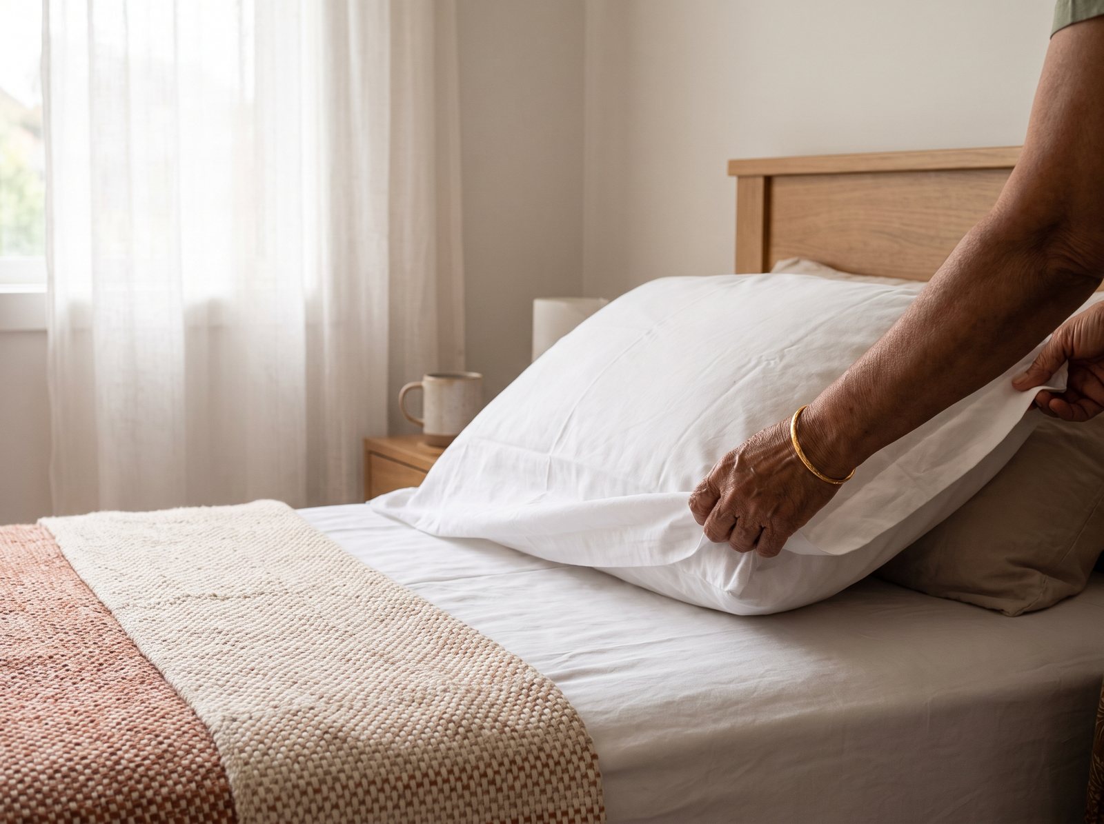 Hands smoothing a fresh white pillowcase over a pillow