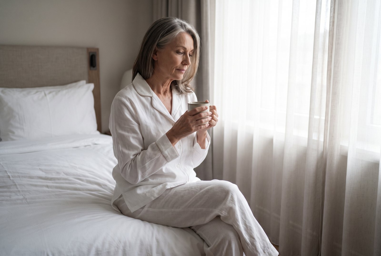 A woman in a House of Sundar pyjama set sitting on the edge of her bed in the morning