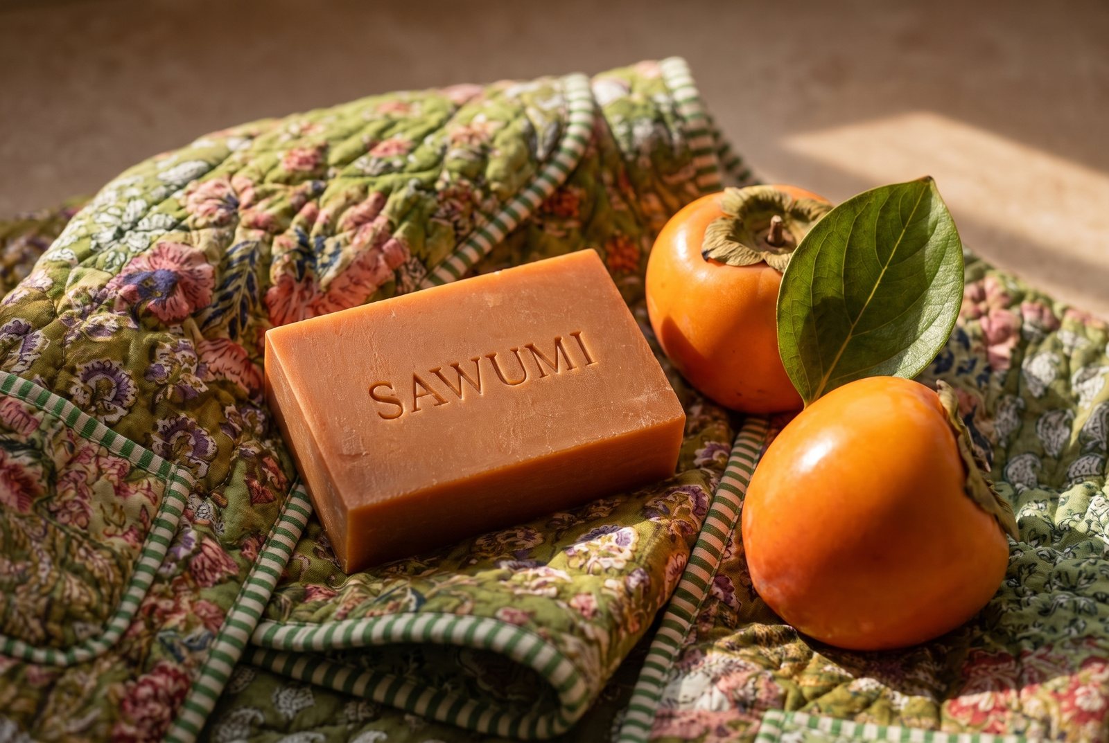 A SAWUMI persimmon bar resting on printed fabric
