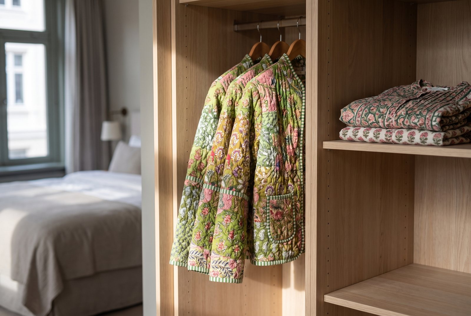 House of Sundar quilted jackets hanging in an open wardrobe