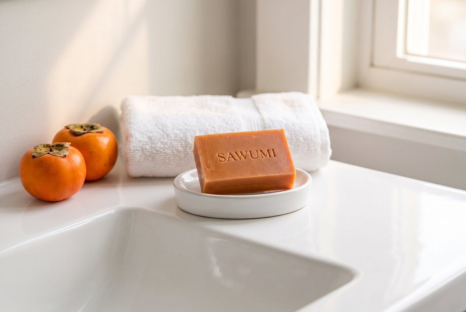 A SAWUMI persimmon bar on a white dish beside a bathroom sink